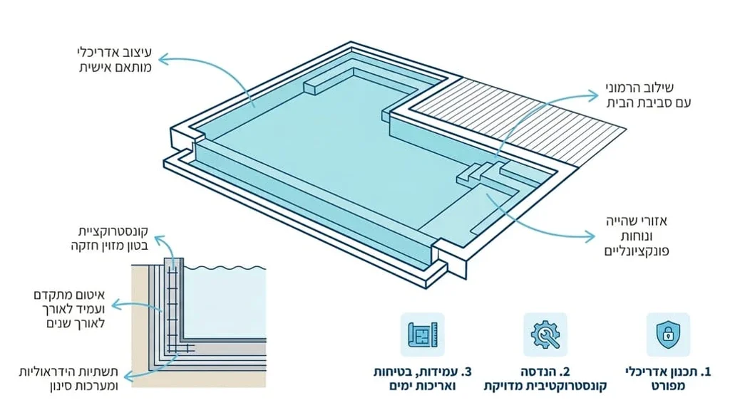 After the H2 discussing the importance of architectural planning, blueprints, and engineering for a luxury concrete pool. שרטוט אדריכלי ותכנון הנדסי של בריכת בטון