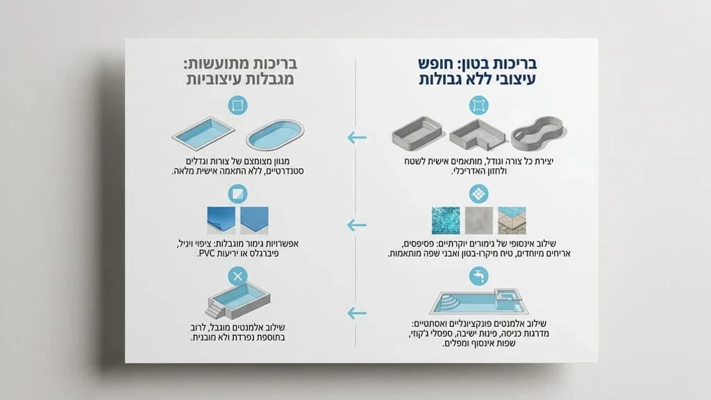 בריכת בטון יוקרתית בגינה פרטית לאחר סיום הפרויקט, המדגימה חופש עיצובי בריכת בטון יוקרתית לבית פרטי בעיצוב אישי