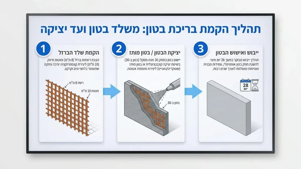 תהליך הקמת הבריכה בשטח, הדגמת יציקת בטון או שלד ברזל תהליך הקמת בריכת שחייה מבטון הכולל יציקות וברזל