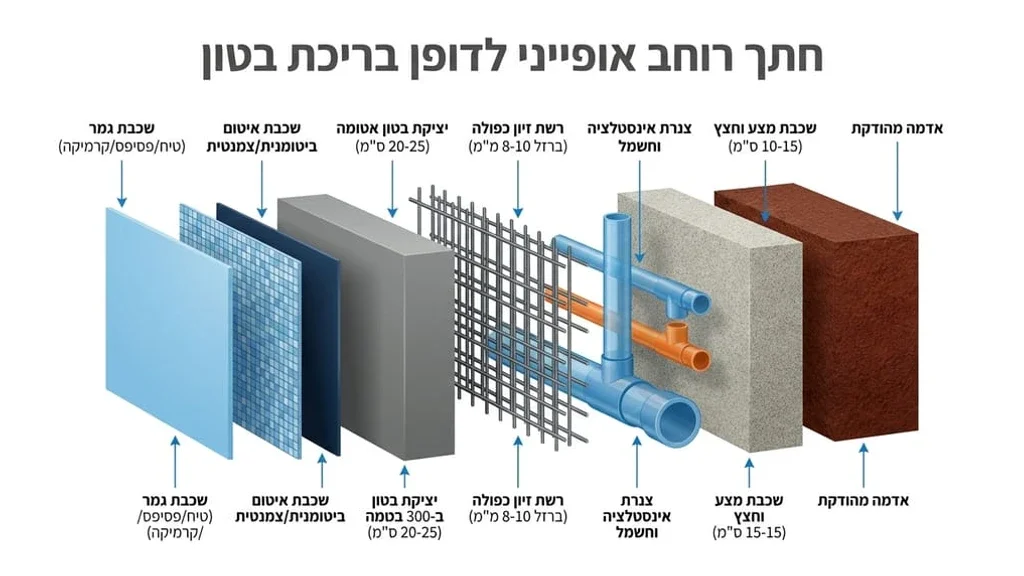אחרי הפסקה המדברת על עבודות העפר, תשתיות הצנרת ורשתות הברזל, לפני הטבלה המפרטת את לוחות הזמנים. תשתית ברזל וצנרת לפני יציקת בטון בבריכת שחייה