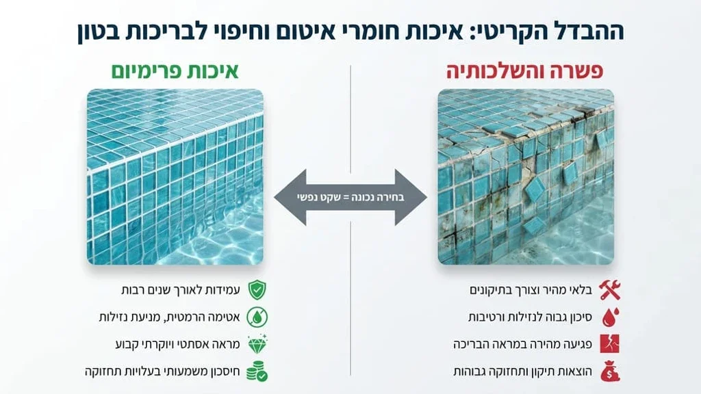 אחרי הפסקה המדברת על טעות מספר 4 - פשרות על איכות חומרי האיטום והחיפוי. חיפוי פסיפס זכוכית איכותי בבריכת שחייה מבטון