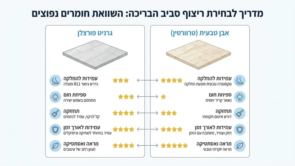 אחרי הפסקה הראשונה תחת הכותרת החשיבות של בחירת ריצוף מסביב לבריכה ריצוף מסביב לבריכה מאבן טבעית בהירה