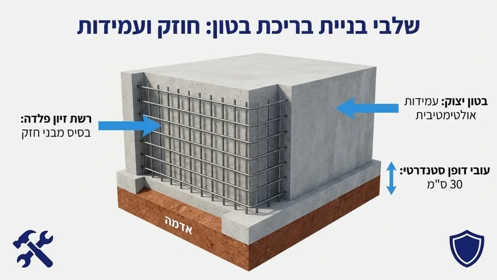 לאחר טבלת ההשוואה בין בטון לפיברגלס, תמונה המציגה את שלב הבנייה והיציקה של בריכת בטון כדי להדגיש את החוזק והעמידות. שלבי בנייה ויציקה של בריכת בטון בגינה