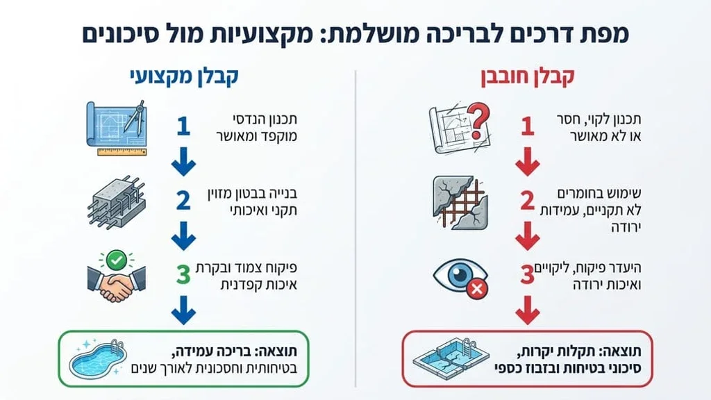 שלבי הקמה של בריכת בטון בווילה עם טפסנות ויציקת בטון