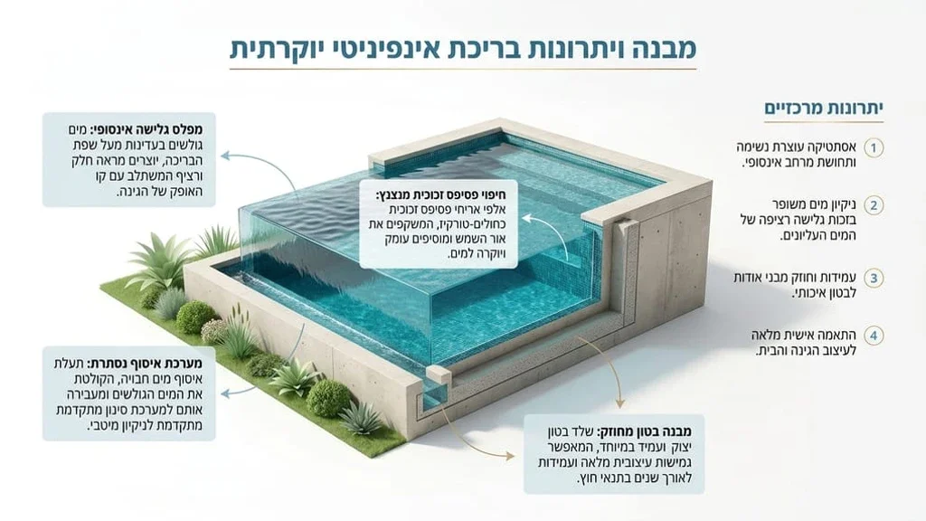 עיצוב יוקרתי של בריכת בטון עם חיפוי פסיפס ומפלס גלישה
