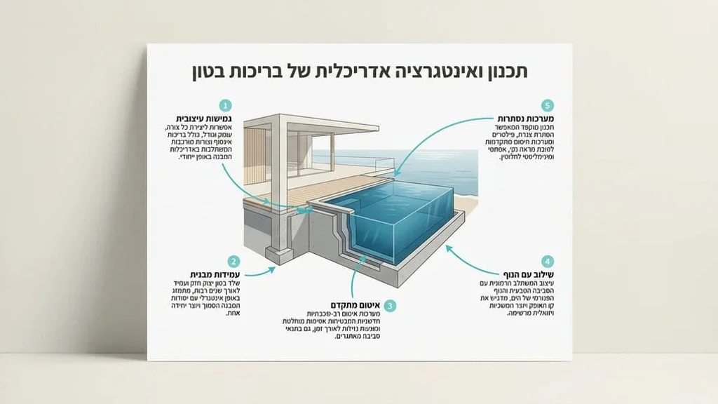 תכנון אדריכלי של בריכת בטון יוקרתית בקיסריה
